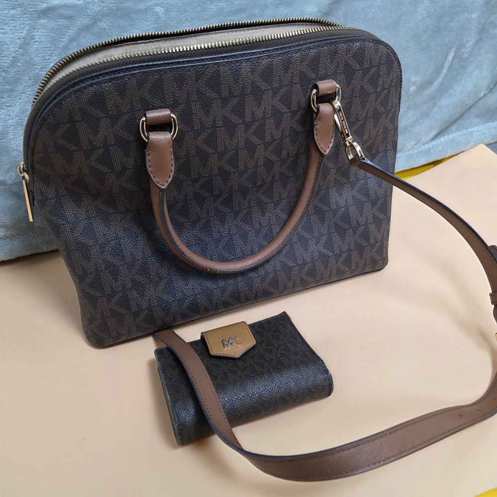 Michael Kors Signature Monogram Satchel‎ Handbag & Wallet Set Brown - Picture 12 of 13